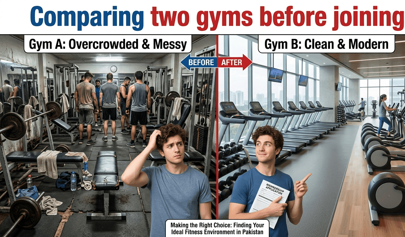 Comparison between a modern gym and an overcrowded gym in Pakistan